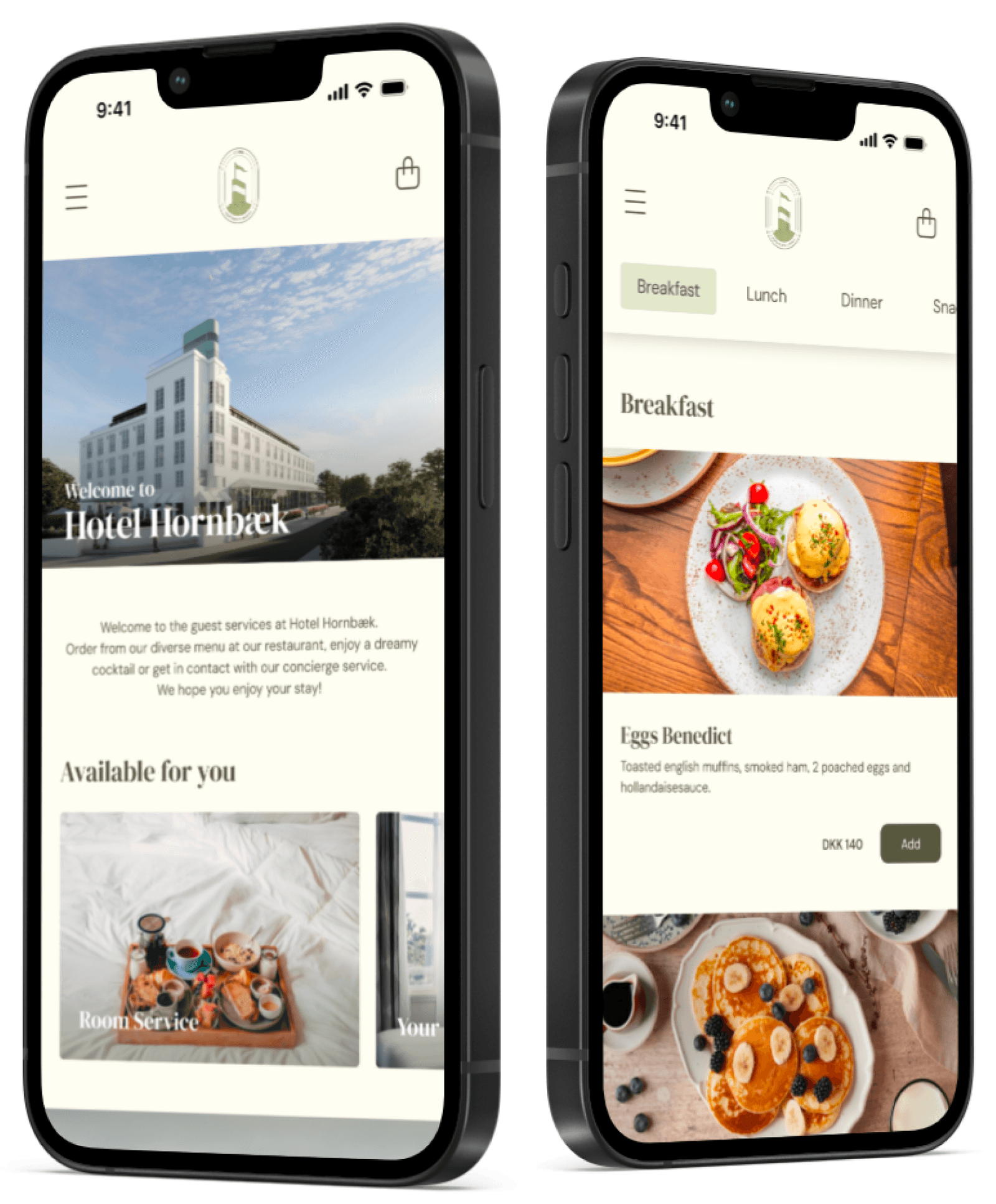 Wonderly-appen på to telefoner — Hotel Hornbæk gæsteapp